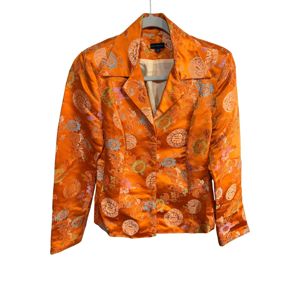 Johanne Beck Blazer Floral Embroidered Brocade Satin Silk XS Orange Jenny Helene